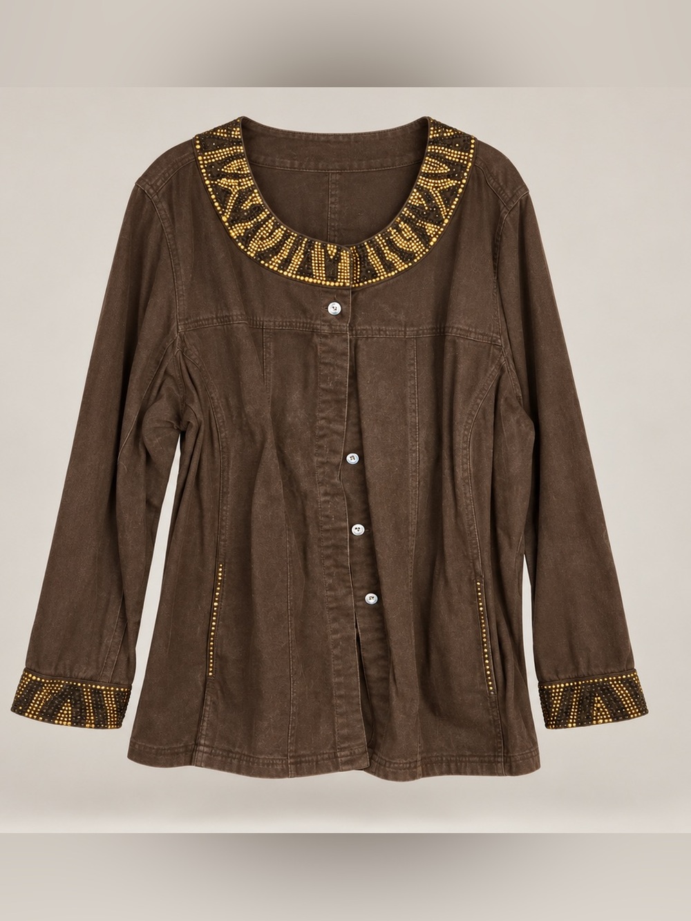 Quacker Factory Brown Jacket with Gold Studded Collar